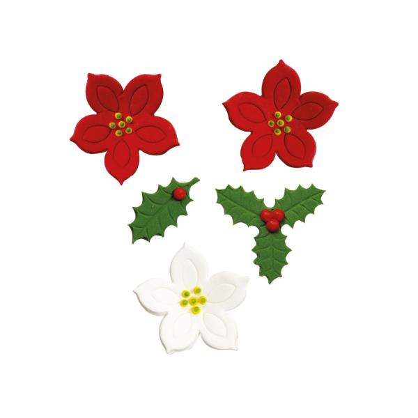 DECORAZIONI IN ZUCCHERO STELLA DI NATALE E AGRIFOGLIO SENZA GLUTINE PZ.7 2 DECORAZIONI IN ZUCCHERO STELLA DI NATALE E AGRIFOGLIO SENZA GLUTINE PZ.7