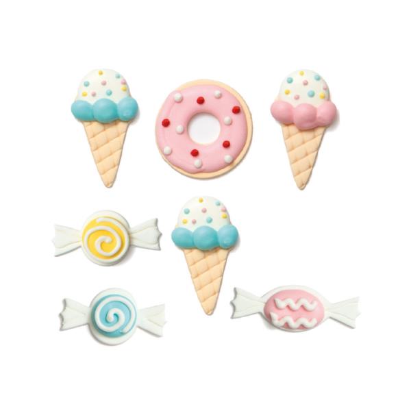 DECORAZIONI IN ZUCCHERO GELATI CARAMELLE E CIAMBELLINE PZ.7 4 DECORAZIONI IN ZUCCHERO GELATI CARAMELLE E CIAMBELLINE PZ.7
