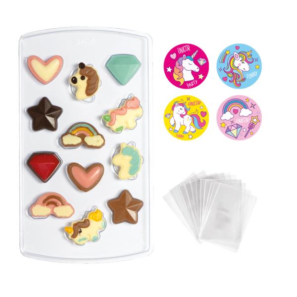 KIT STAMPI CIOCCOLATINI TERMOFORMATO UNICORNO12 CAVITA' CON N.40 ADESIVI E BUSTINE 2 KIT STAMPI CIOCCOLATINI TERMOFORMATO UNICORNO12 CAVITA' CON N.40 ADESIVI E BUSTINE