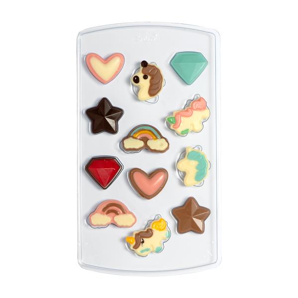 KIT STAMPI CIOCCOLATINI TERMOFORMATO UNICORNO12 CAVITA' CON N.40 ADESIVI E BUSTINE 1 KIT STAMPI CIOCCOLATINI TERMOFORMATO UNICORNO12 CAVITA' CON N.40 ADESIVI E BUSTINE