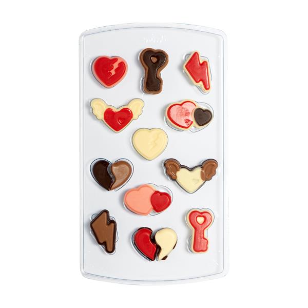 KIT STAMPI CIOCCOLATINI TERMOFORMATO CUORI CAVITA' CON N.40 ADESIVI E BUSTINE 1 KIT STAMPI CIOCCOLATINI TERMOFORMATO CUORI CAVITA' CON N.40 ADESIVI E BUSTINE