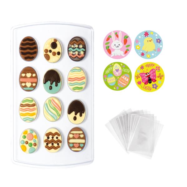 KIT STAMPI CIOCCOLATINI TERMOFORMATO UOVA 12 CAVITA' CON N.40 ADESIVI E BUSTINE 2 KIT STAMPI CIOCCOLATINI TERMOFORMATO UOVA 12 CAVITA' CON N.40 ADESIVI E BUSTINE