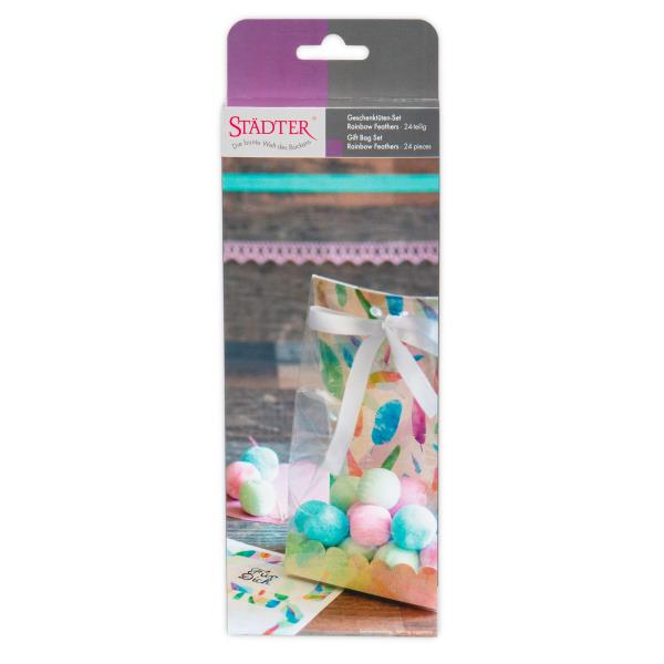 SACCHETTI PER DOLCI 9x H.12 cm CON LACCETTI INSERTI CARTA E ADESIVI RAINBOW FEATHERS PZ.6 2 SACCHETTI PER DOLCI 9x H.12 cm CON LACCETTI INSERTI CARTA E ADESIVI RAINBOW FEATHERS PZ.6