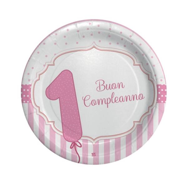 PIATTO Ø24 cm. PRIMO COMPLEANNO ROSA pz.8