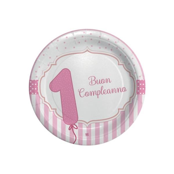 PIATTO Ø18 cm. PRIMO COMPLEANNO ROSA pz.8
