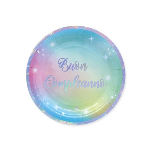 PIATTO Ø18cm. BUON COMPLEANNO SOFT RAINBOW pz..8 1 PIATTO Ø18cm. BUON COMPLEANNO SOFT RAINBOW pz..8