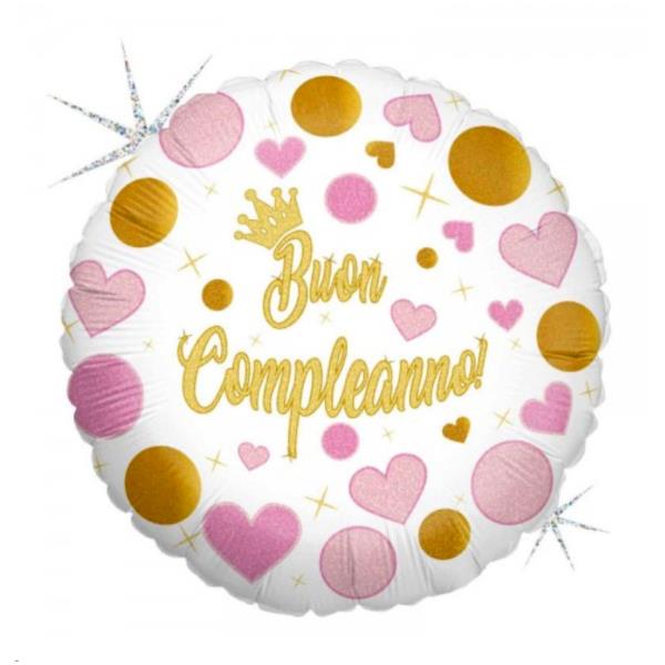 PALLONCINO MYLAR 18" BUON COMPLEANNO GLITTER CUORI/POIS ROSA 1 PALLONCINO MYLAR 18" BUON COMPLEANNO GLITTER CUORI/POIS ROSA