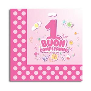 TOVAGLIOLO 33x33 cm. 1° COMPLEANNO ROSA pz.20